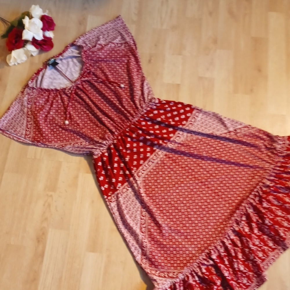 Ivory Love Red and White Vintage midi boho country dress